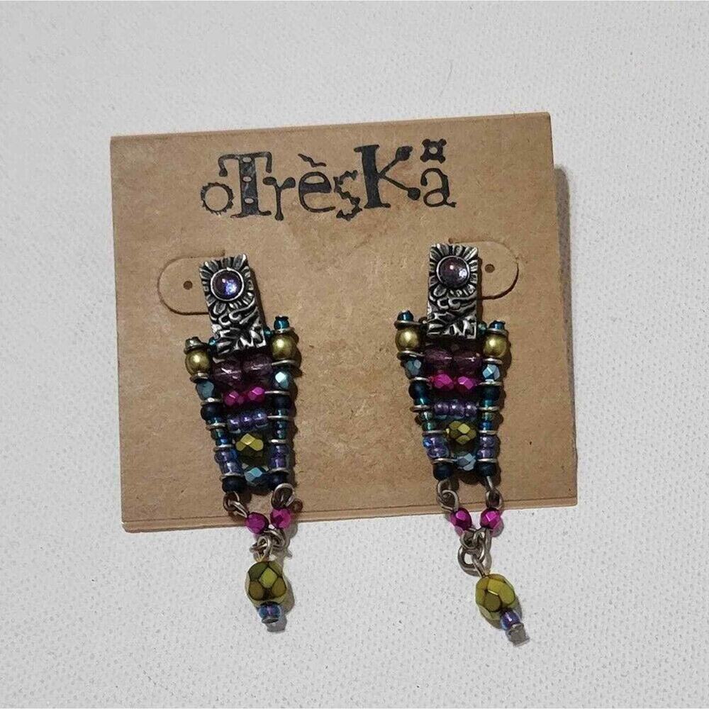 Treska Beaded Drop Earrings Multi Color Boho Silver Tone Post Back Statement 2"